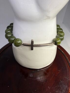 Bracelet VTG Sterling Silver 925 Cross Green Connemara Marbles Stretchy Signed